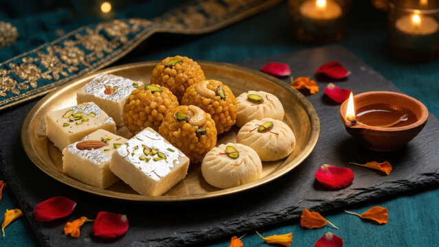 Traditional indian sweets in golden plate with lit oil lamp and flower petals generated using ai