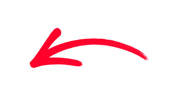 Red bold curved arrow pointing left PNG &ndash; marker arrow brush stroke, hand drawn paint brush line design element for text highlight, banner, social media post and presentation design, isolated on a tra