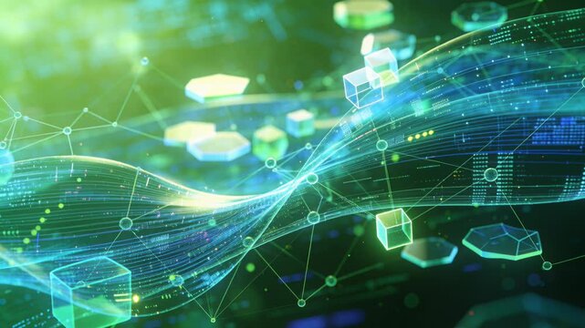 Futuristic data stream visualizing information transfer on a decentralized digital ledger technology