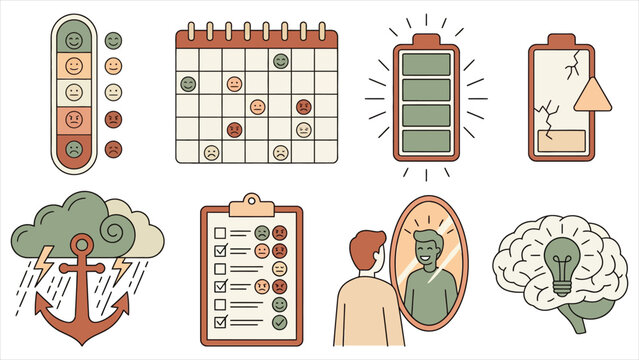 Modern mental health mood tracker and psychological emotional state vector outline icon set