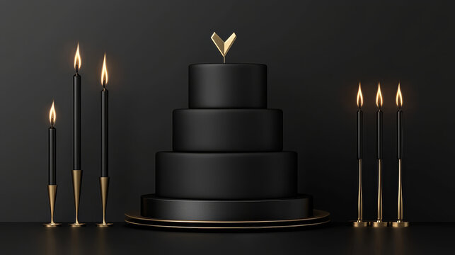 Elegant black and gold birthday cake with candles modern luxury style three tier minimalistic dramatic lighting celebration sophisticated festive hyper realistic topaz upscale