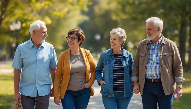 A group of seniors walking together in the park symbolizes good relationships.