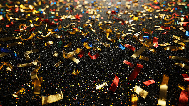 Colorful confetti ribbon gold red blue and yellow scattered on sparkling black surface festive celebration party atmosphere joyful close up hyper realistic