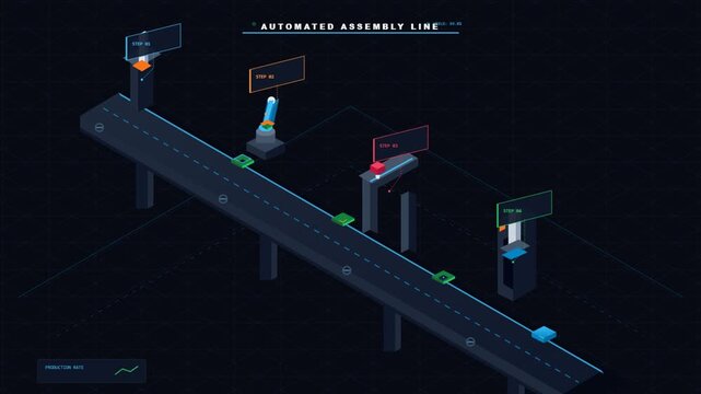 Automated assembly line infographic with isometric factory production process