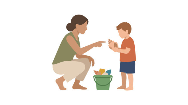 Mother and young son playing with sand bucket together.