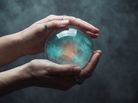 Crystal ball hands mystical fortune divination aqua orb rings magic. Ringed hands cradle a clear sphere with aqua mist and warm light against gray for mystical readings spiritual guidance and destiny