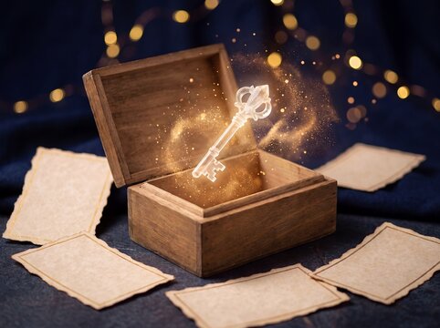 Magic key crystal glowing chest parchment fantasy ornate floating treasure. A glowing key floats from a wooden box above blank parchment for magical invitations fantasy branding and enchanted stories