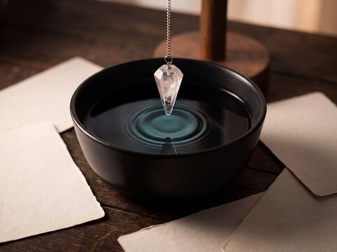 Pendulum crystal bowl water ripple cards divination black ritual meditation. A clear pendulum hangs over a dark water bowl and blue ripple among blank cards for divination rituals and spiritual themes