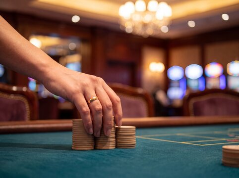 Casino chips poker hand gambling betting stack table gaming wager. A hand arranges chip stacks on a green casino table under warm lights for gaming promotions about strategy risk and anticipation