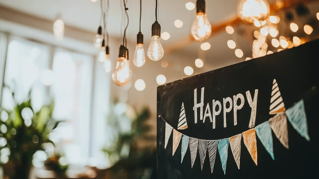 Happy birthday banner with colorful chalk pastel flags and party hats on blackboard, surrounded by warm hanging lights and bokeh, festive indoor celebration atmosphere