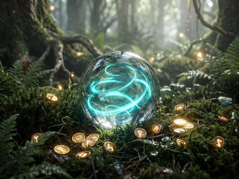 Crystal ball forest runes turquoise glowing orb fantasy coins mystical. A turquoise energy sphere rests among golden rune coins on moss in a misty woodland for enchanted discovery and fortune stories