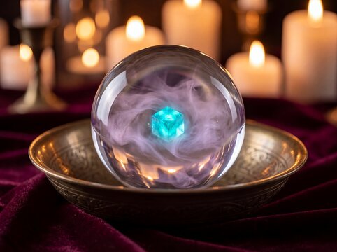 Crystal ball magic smoke candles turquoise cube divination fortune mystical. An aqua cube glows inside a glass sphere amid mist and candles for psychic rituals guidance and mystical storytelling