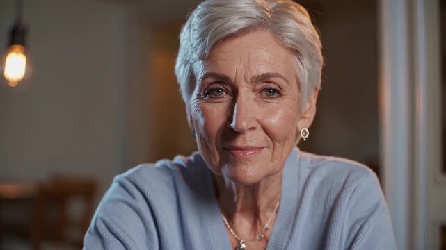 Older White Woman Seated Kitchen Table, Soft Warm Lamp Light, CloseUp Portrait With Gentle Smile, Steady Gaze Into Camera, Silver Hair And Blue Sweater, Intimate Conversational Tone, Reflective Mood