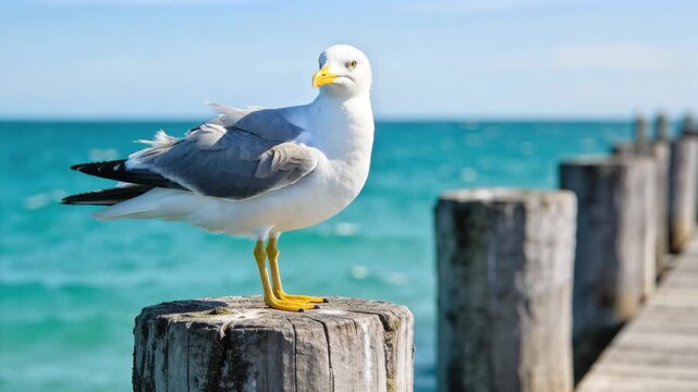 Close-up of a common gull perching on a wooden pole with turquoise sea water in the background