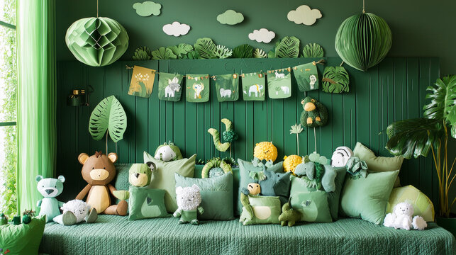 Jungle animal plush toy green pillow nursery decor wall art cloud leaf banner playful cozy cheerful bedroom