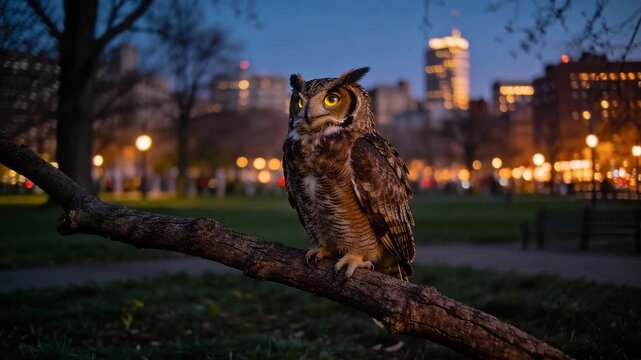 Great horned owl perching on a branch in an urban park with city lights in the background at night