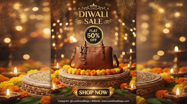 Diwali sale banner with luxury handbag and festive decorations