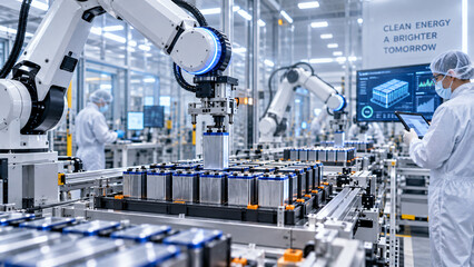 Fototapeta premium Advanced robotic arms assembling cylindrical battery cells on an automated production line inside a clean high-tech manufacturing facility