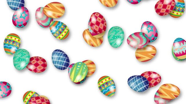 Colorful Patterned Easter Eggs Falling Against a White Background