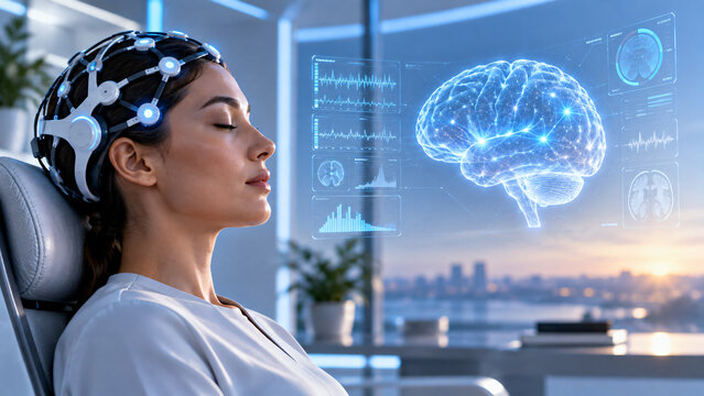 Woman wearing a sophisticated brain-computer interface headset while neural activity is visualized as a glowing digital brain, representing neuroscience, neurotechnology and brain research