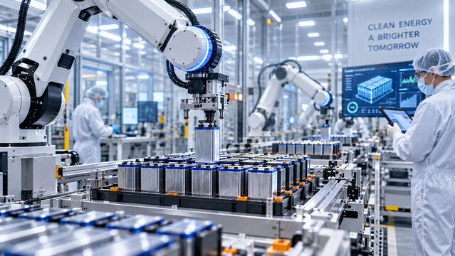 Advanced robotic arms assembling cylindrical battery cells on an automated production line inside a clean high-tech manufacturing facility