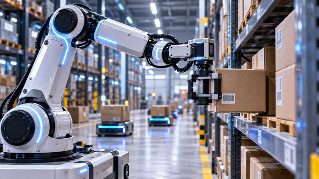 Advanced robotic arm placing cardboard boxes on warehouse shelving while autonomous mobile robots transport goods through a modern automated distribution center