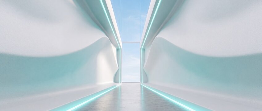Luminous corridor white teal symmetrical tunnel futuristic architecture doorway minimal. A symmetrical white corridor narrows toward a glowing teal doorway for commercial advertising architecture