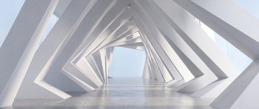 Triangular frames corridor white geometric architecture tunnel futuristic perspective minimal. Repeating white triangular frames create a bright angular corridor for commercial advertising