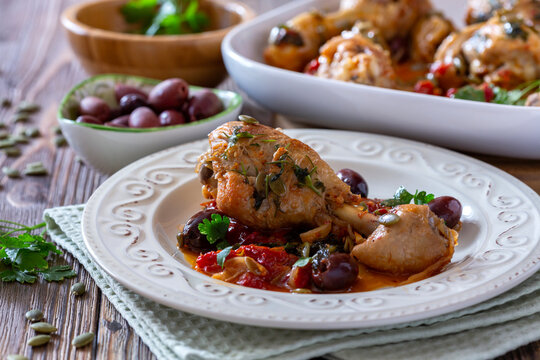 Roasted Chicken with Olives and Tomatoes.