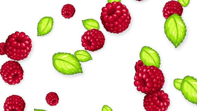 Animated Falling Red Raspberries and Green Mint Leaves on White Background