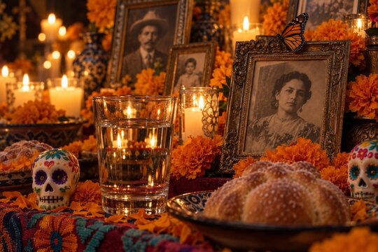 Monarch butterfly resting on vintage family photo frame at a Day of the Dead altar with marigolds and candlelight
