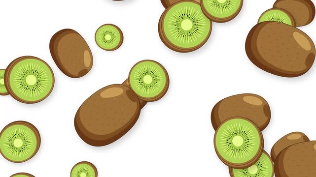 Falling Whole and Sliced Kiwi Fruit Animation on White Background