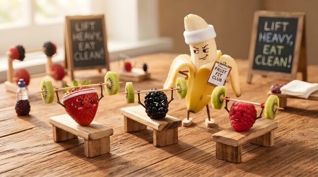 Healthy Lifestyle Fruits are exercising and lifting weights, promoting a fit and nutritious diet for a balanced life