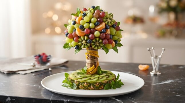 Exquisite Artistic Fruit Tree Centerpiece for Elegant Celebrations, Featuring a Refreshing and Healthy Assortment of Fresh Grapes, Melons, and Berries