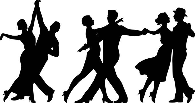Dancing couples silhouettes set, ballroom dancers performing tango, salsa, swing steps together isolated on white background vector illustration.