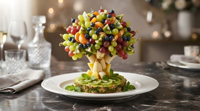 Stunning edible fruit tree centerpiece on a white plate with fresh grapes, berries, and carved melon for a party table