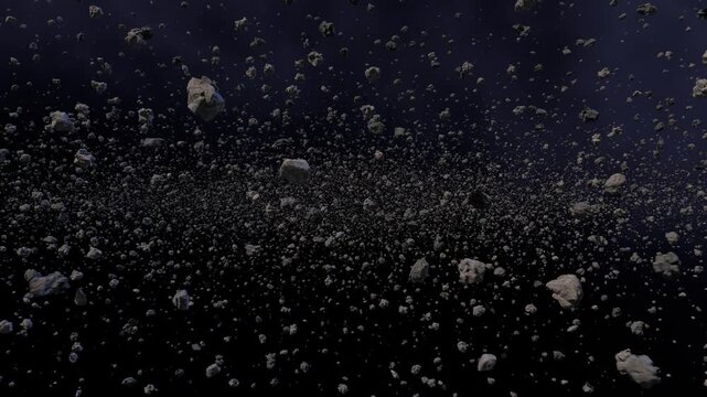 A vast asteroid belt filled with countless rocky fragments floating through deep dark space