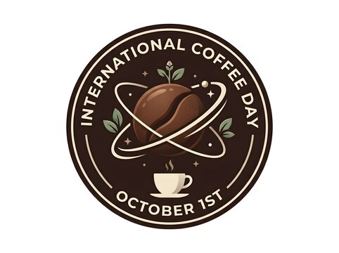 International coffee day emblem with coffee bean and steaming cup coffee logo october first coffee drink hot beverage morning coffee caffeine