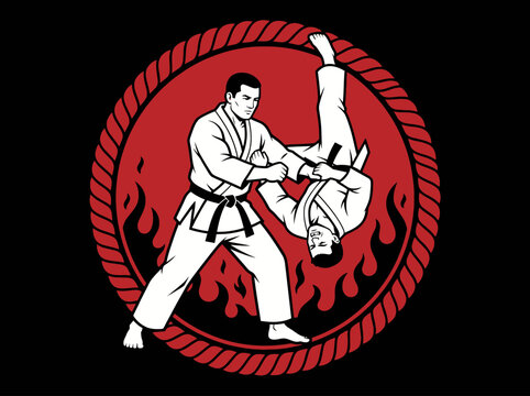 Martial Arts Throw Vector Illustration - Judo and Karate Combat Emblem with Fire and Rope Border