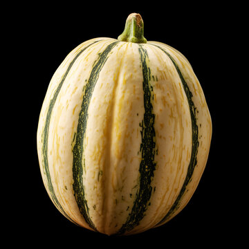Delicata squash pumpkin with cut slice stem isolated on black background with clipping path, autumn themes and decorations