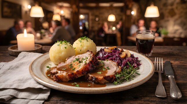 Hearty roasted pork slices with rich gravy, potato dumplings and braised red cabbage on a rustic plate in a candlelit restaurant, evoking comfort, tradition and convivial evening dining with friends.