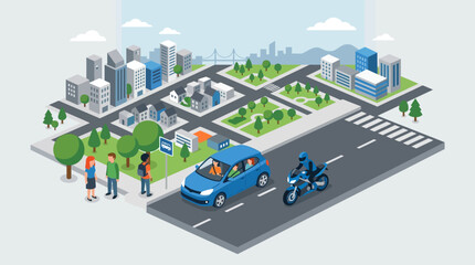 Fototapeta premium Cityscape with vehicles and people on road and isometric buildings