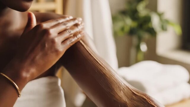 black woman applying body scrub in sunlit bathroom, jar of brown sugar scrub scooped into hands, creamy exfoliant massaged into shoulder and arm, warm natural light, towels and plant in background,