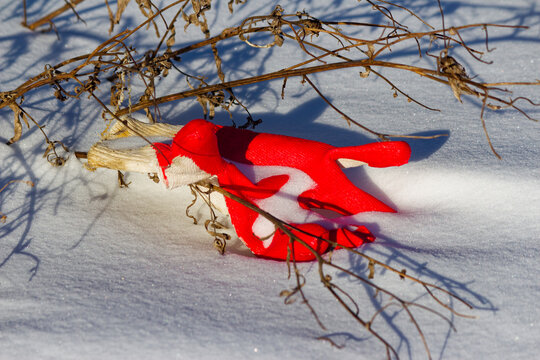 Bright red work glove abandoned in the crisp white winter snow, discarded personal item lying under dry twigs on a sunny day during a freezing cold season outdoors