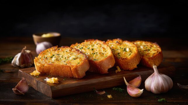 freshly baked garlic bread arranged on a wooden board, crispy golden crust, melted butter and herbs, roasted garlic cloves nearby, dark rustic