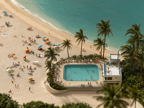 Tilt Shift Miniature Effect Aerial View of Beach Resort Pool with Palm Trees and Ocean