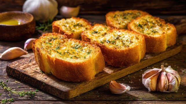 freshly baked garlic bread arranged on a wooden board, crispy golden crust, melted butter and herbs, roasted garlic cloves nearby, dark rustic