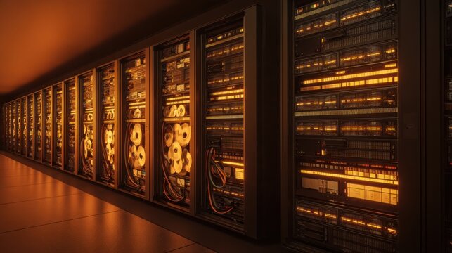 Retro data technology background, vintage mainframe computer cabinets, rows of magnetic tape reels, blinking indicator lights and thick bundled