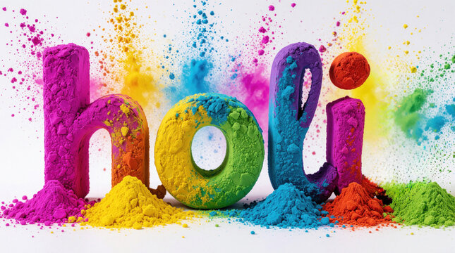 Bright Holi word made of colorful powder. Piles of pink yellow blue green magenta and orange pigments explode in air. Indian festival celebration.