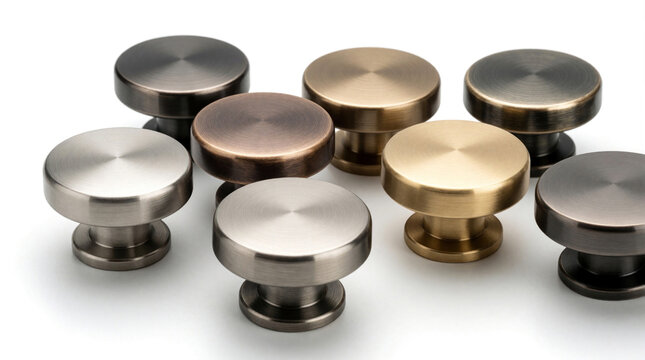 Group of assorted metallic cabinet knobs in varied finishes displayed on white. These cabinet pulls feature different textures, colors, suitable for furniture renovation or interior design projects.